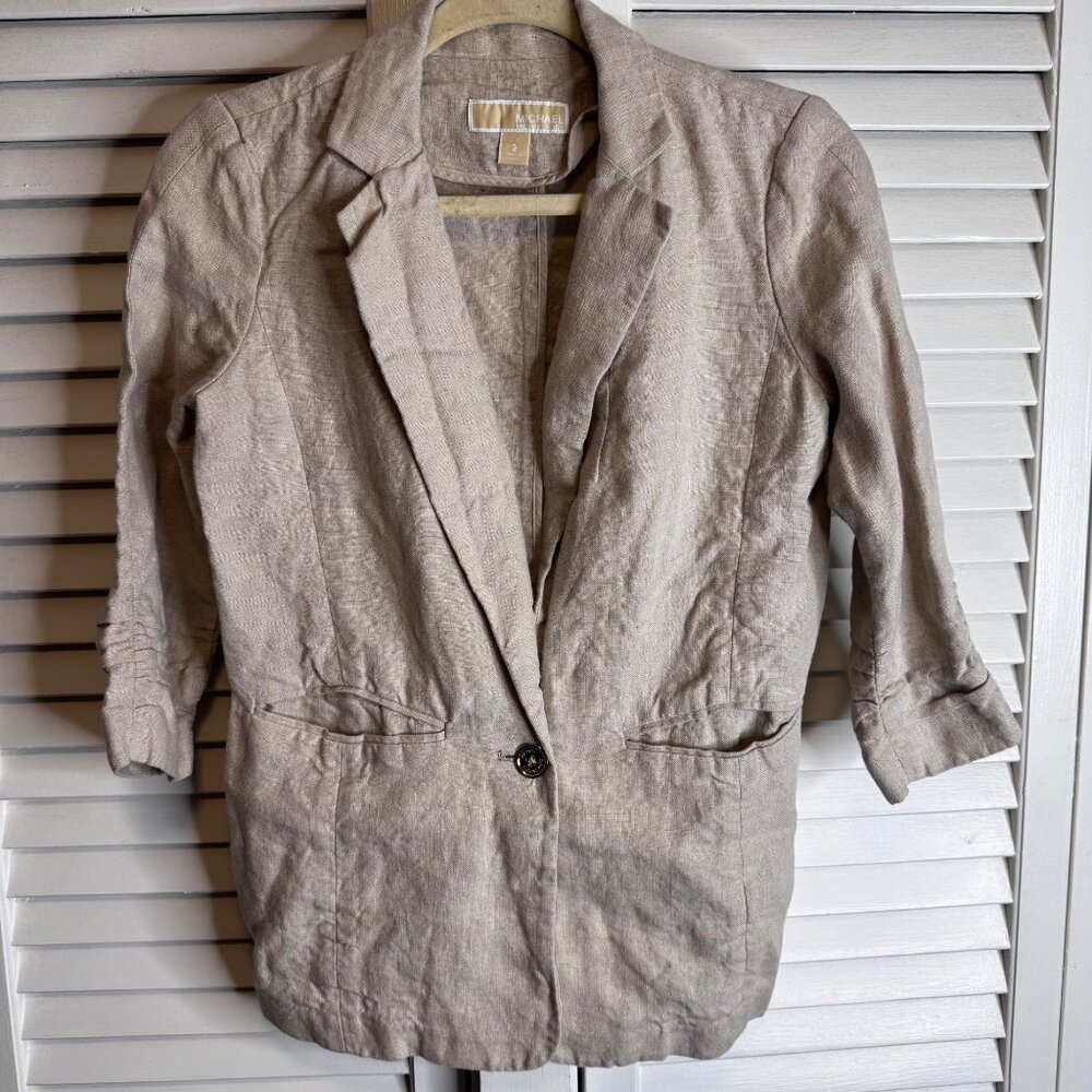 MICHAEL KORS WOMENS SIZE 2 100% LINEN BEIGE BLAZER PREPPY RETRO INSPIRED OFFICE